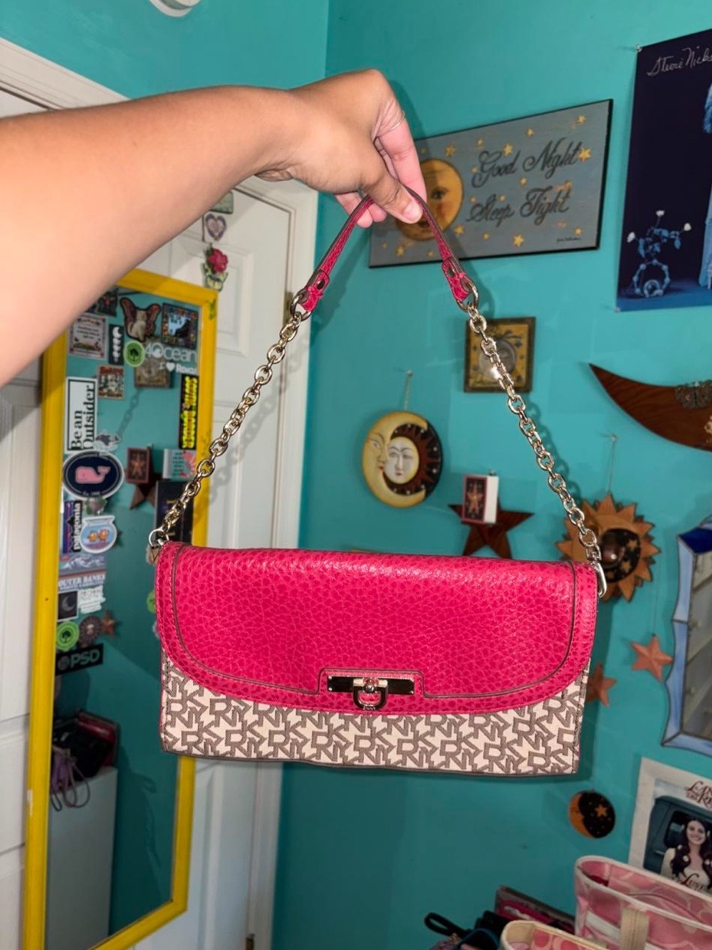 Y2K Inspired Pink and Brown/Tan DKNY All Over Logo Clutch Mini Shoulder Bag